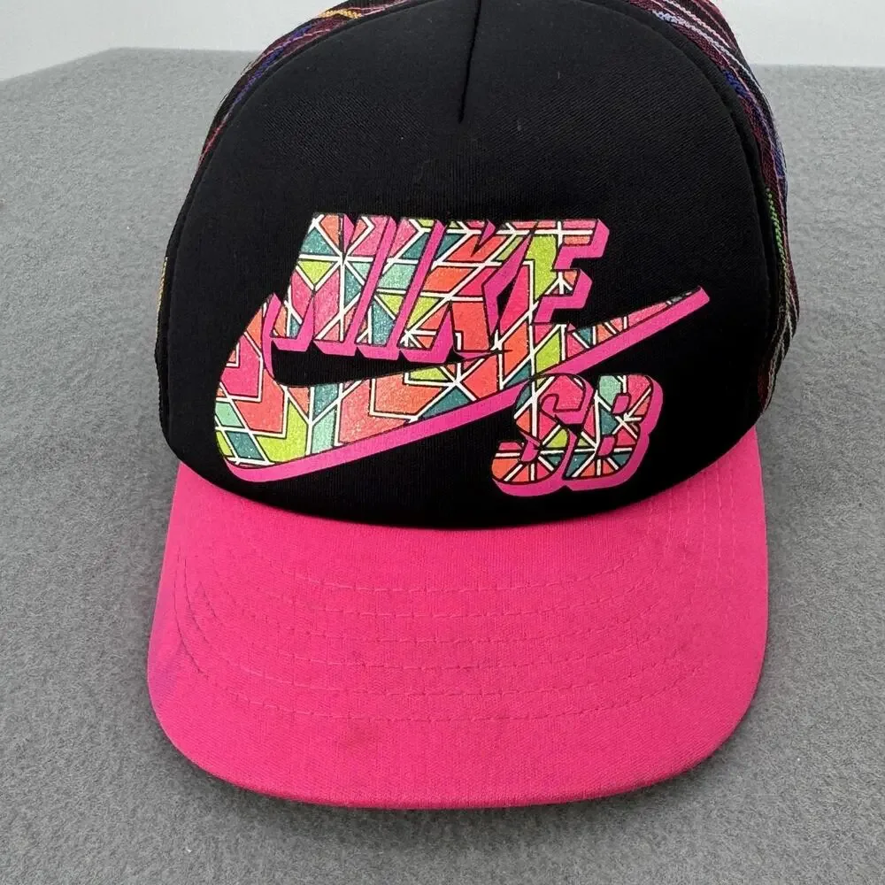 Nike SB Youth Trucker Hat Snapback Mesh Stripe Black Pink Cap Boys Adjustable